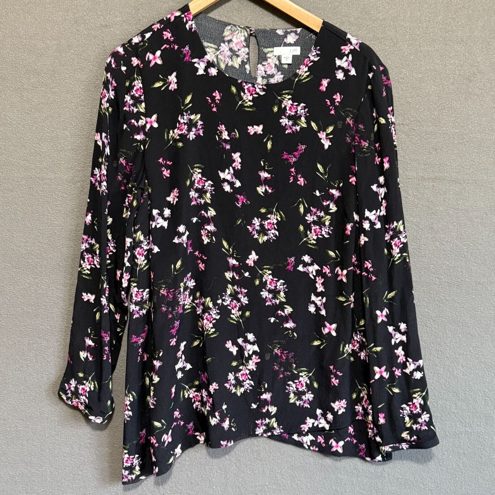 J Jill Top Womens M Black Floral Layered Long Sleeve Rayon Tunic Blouse Career